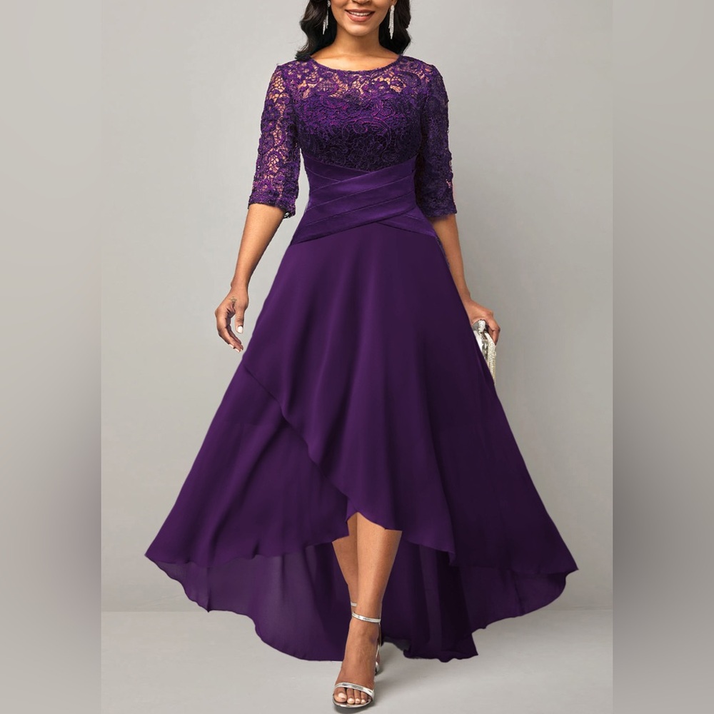 Elegant Purple Lace High-Low Dress